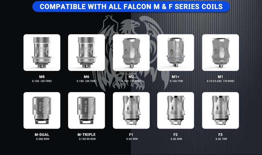 Falcon coils compatible with the HorizonTech Falcon Legend tank, F1 0.2 ohm 80W among them