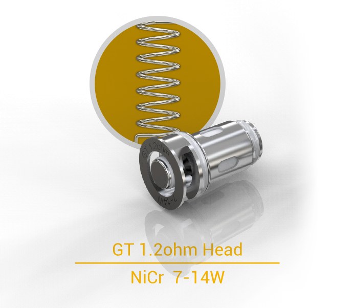 Eleaf GT 1.2 ohm head with a close-up of its NiCr coil, rated 7-14W