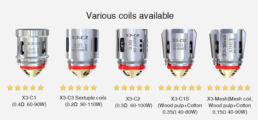 iJoy Captain X3 coil range: X3-C1, X3-C3, X3-C2, X3-C1S 0.35 ohm and X3-Mesh 0.15 ohm