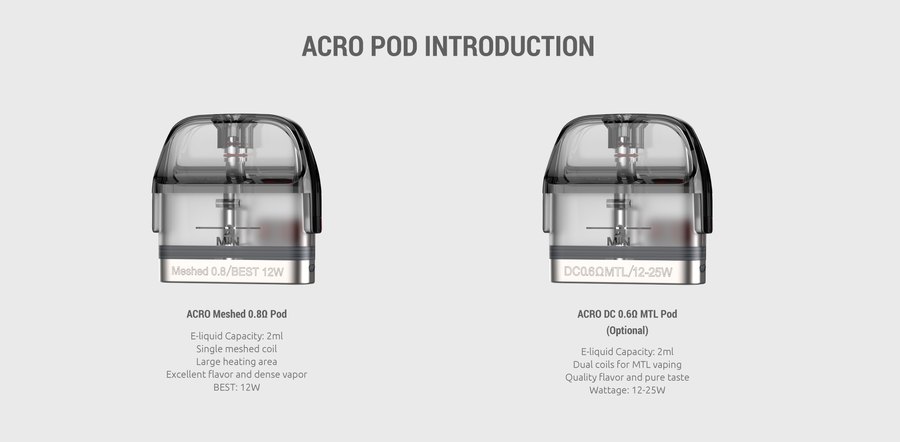SMOK Acro Meshed 0.8 ohm pod and Acro DC 0.6 ohm MTL pod