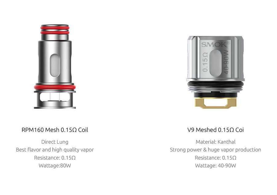 SMOK RPM160 Mesh 0.15 ohm coil beside the V9 Meshed 0.15 ohm coil