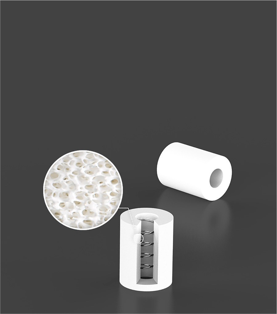 Cutaway of the porous ceramic heating core inside a Vaporesso CCELL coil