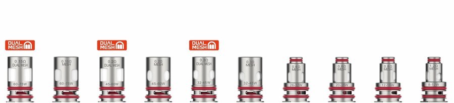 Vaporesso GTX coil range from 0.15 ohm dual mesh to 1.2 ohm mesh