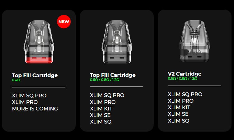 OXVA XLIM V2 and top-fill cartridges with their compatible XLIM devices