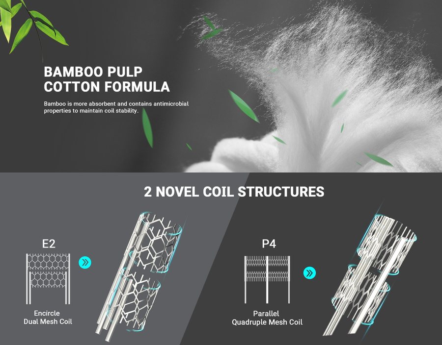 HorizonTech Aquila coils: E2 encircle dual mesh and P4 parallel quadruple mesh, with bamboo pulp cotton