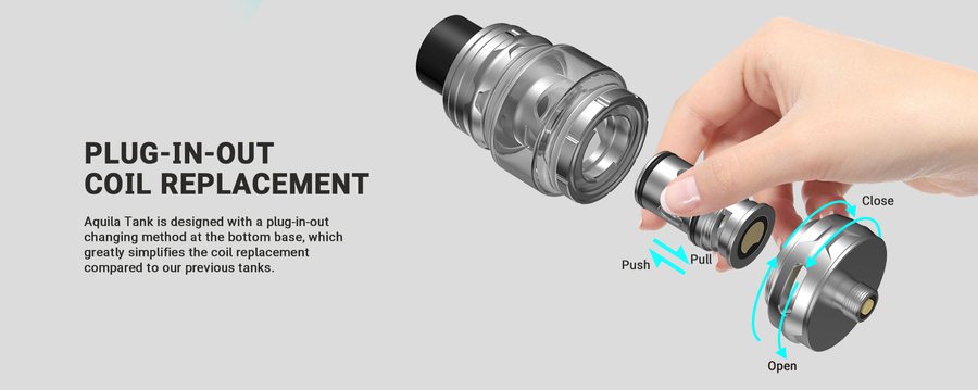 Changing an Aquila coil: the base unscrews and the coil pushes in and pulls out