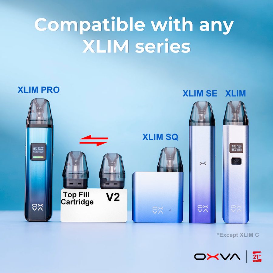 OXVA XLIM top-fill and V2 pods fit the XLIM Pro, SQ, SE and original XLIM, but not the XLIM C