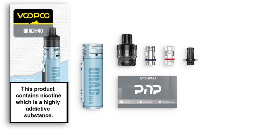 VOOPOO Drag H40 UK box contents with PnP Pod II, two PnP coils and a spare drip tip