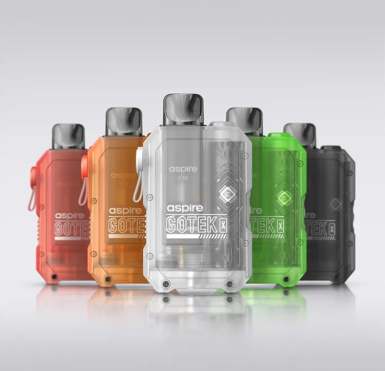 Aspire Gotek X pod kits in orange, transparent, green and black