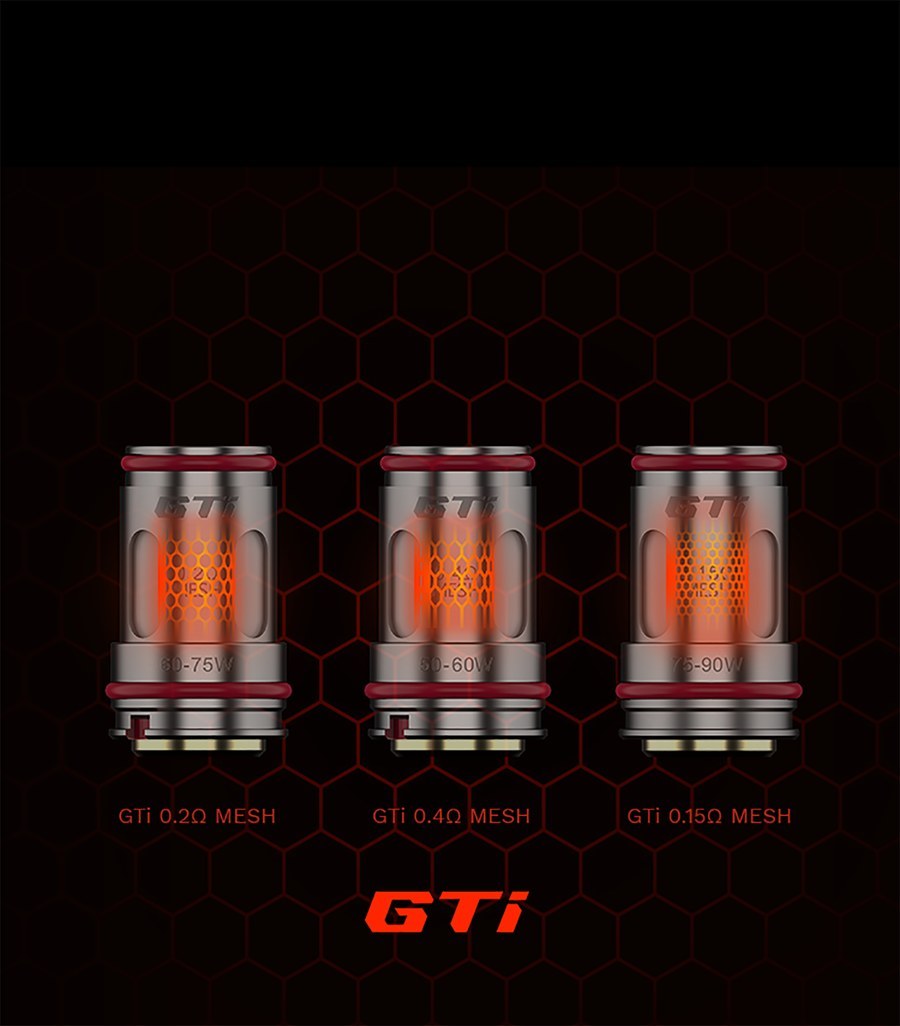 Vaporesso GTi 0.2, 0.4 and 0.15 ohm mesh coils side by side