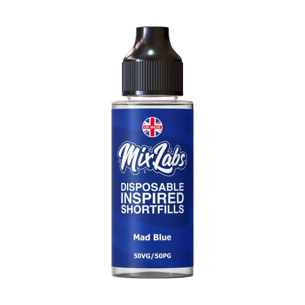 Mad Blue Mix Labs Shortfill 100ml blends blueberry, raspberry and blackberry in a smooth 50/50 mix. Ideal for pod kits and MTL devices. Nic‑shot ready and great value.