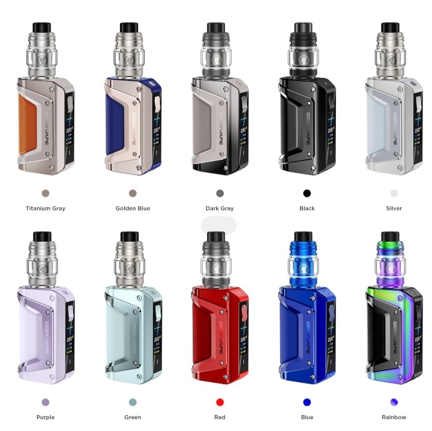 Geekvape Aegis Legend 3 colours: Titanium Gray, Golden Blue, Dark Gray, Black, Silver, Purple, Green, Red, Blue and Rainbow