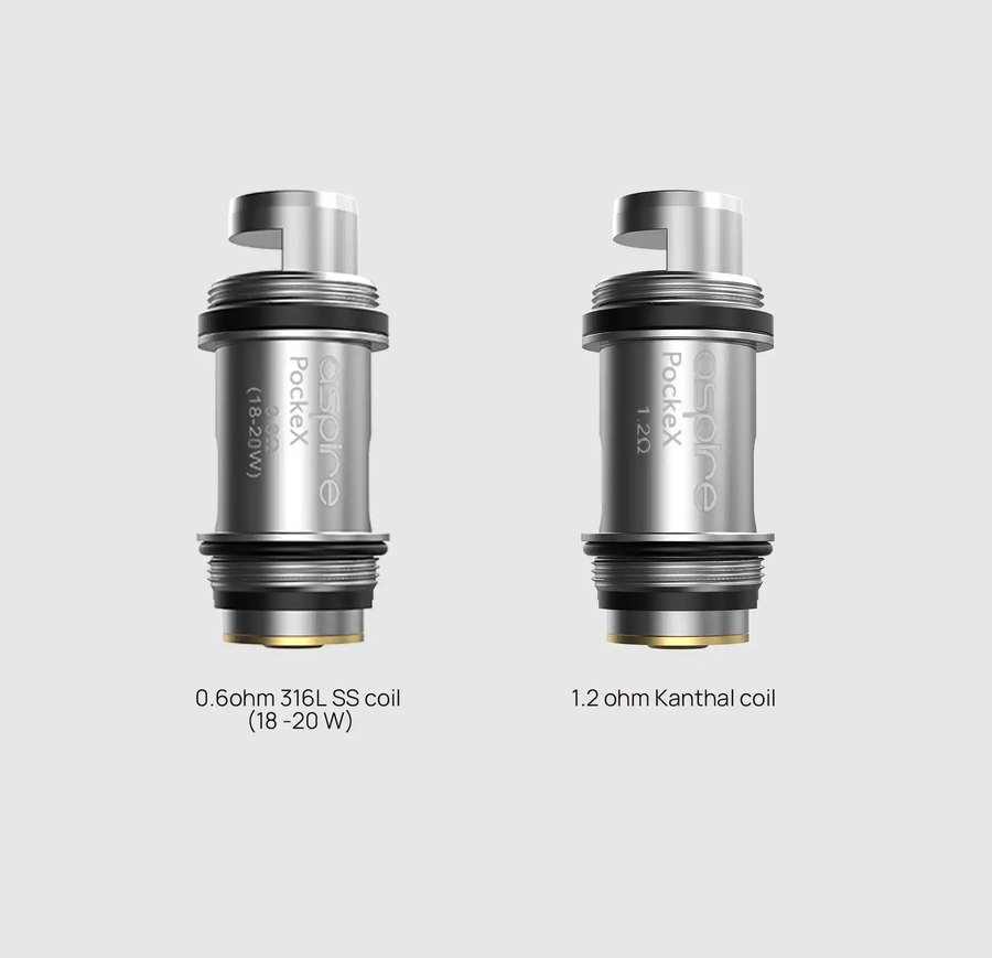 Aspire PockeX coils: 0.6 ohm stainless steel and 1.2 ohm Kanthal