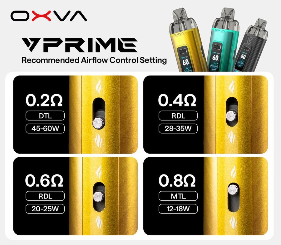 OXVA VPRIME recommended airflow and wattage for 0.2, 0.4, 0.6 and 0.8 ohm pods