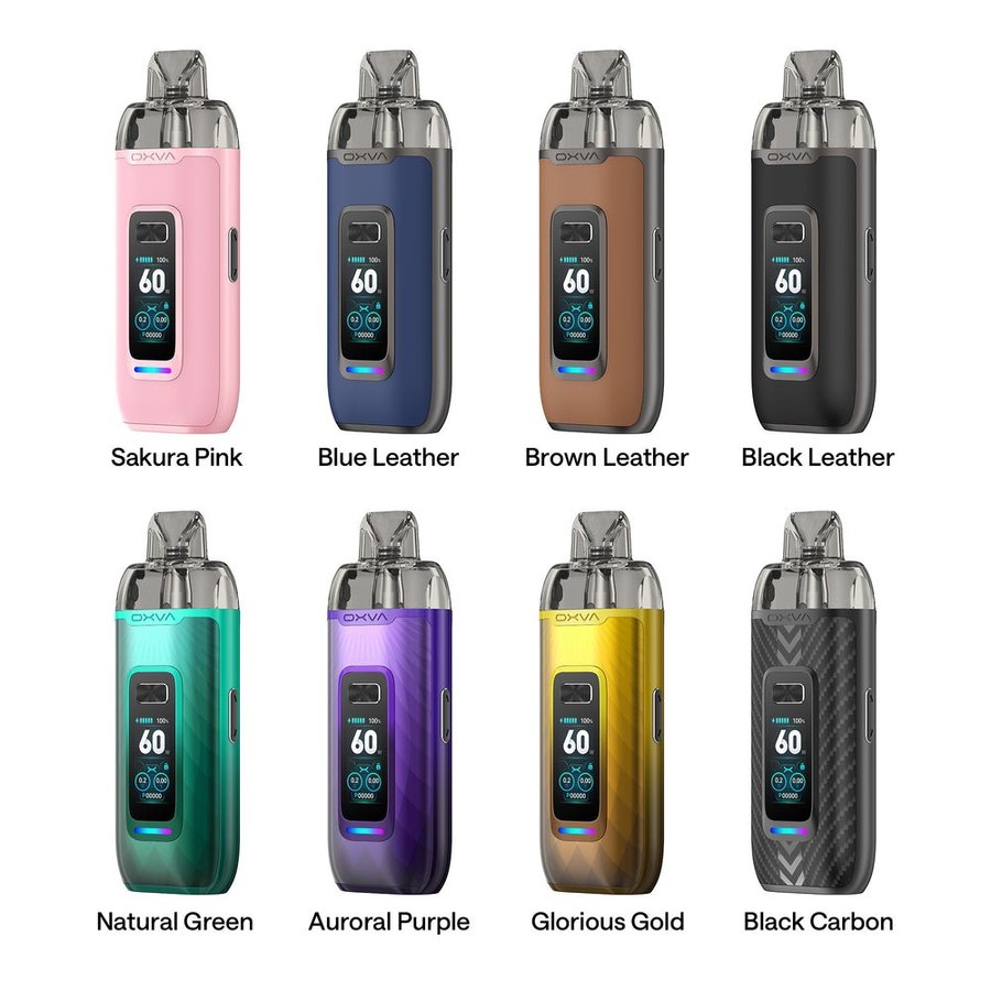 OXVA VPRIME colours: Sakura Pink, Blue Leather, Brown Leather, Black Leather, Natural Green, Auroral Purple, Glorious Gold and Black Carbon