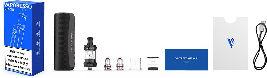 Vaporesso GTX One box contents: mod, GTX Tank 18, two GTX coils, spare glass, O-rings, manual, cable