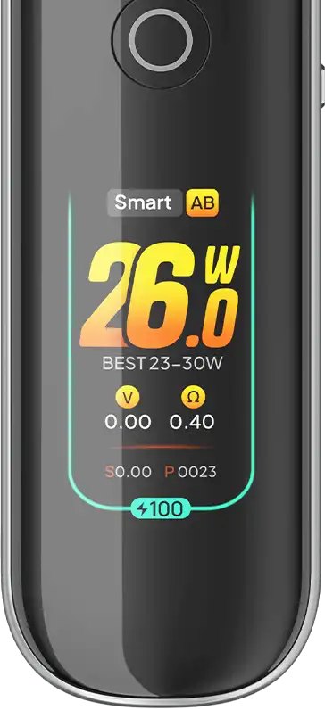 Aspire PIXO touchscreen in SMART mode showing wattage and coil resistance