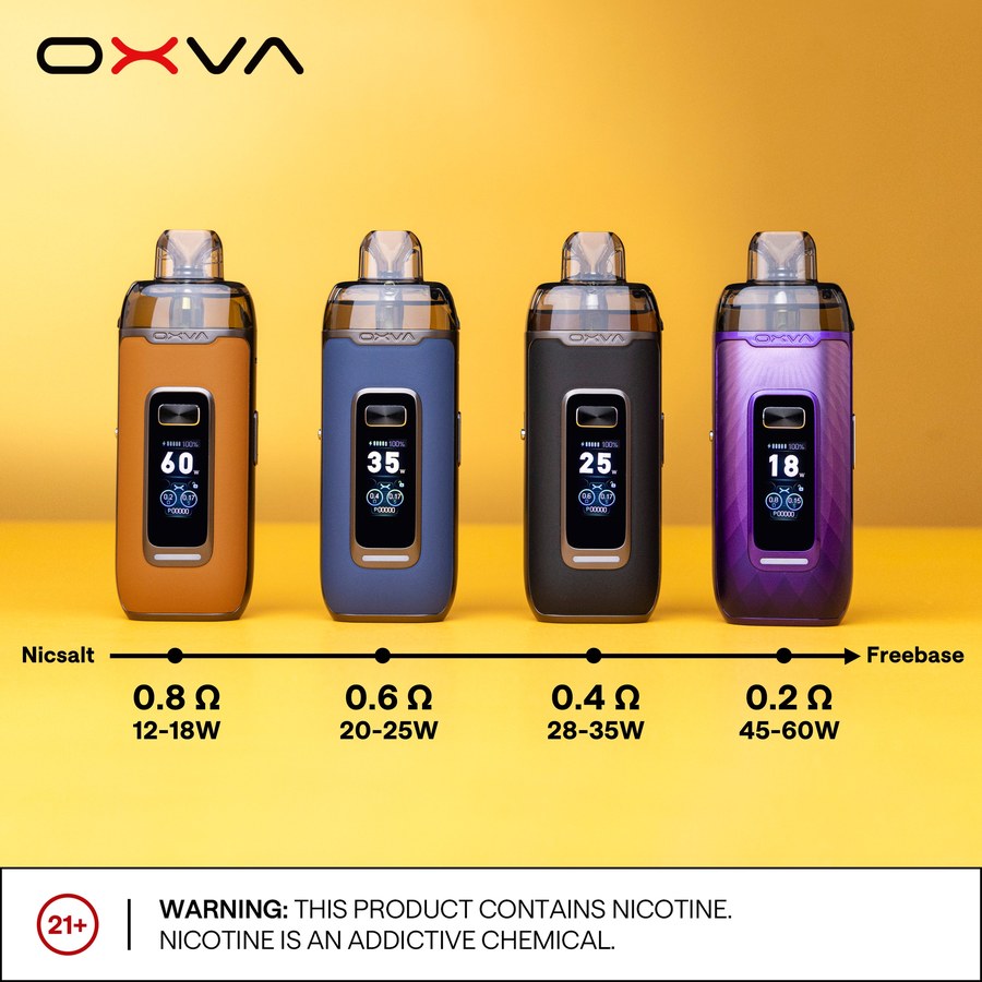 OXVA VPRIME cartridge resistance and wattage guide from 0.8 to 0.2 ohm