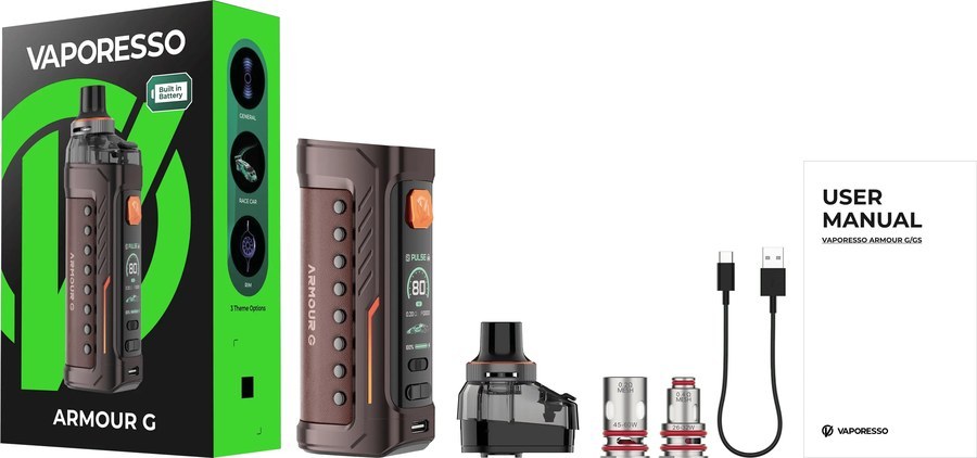 Vaporesso ARMOUR G box contents: device, DTL pod, GTX 0.2 and 0.4 ohm coils, USB-C cable, manual