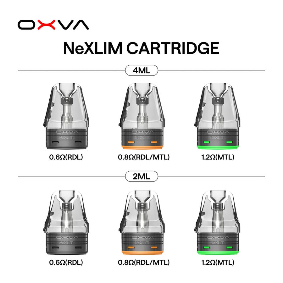 OXVA NeXlim dual mesh pod range in 0.6, 0.8 and 1.2 ohm