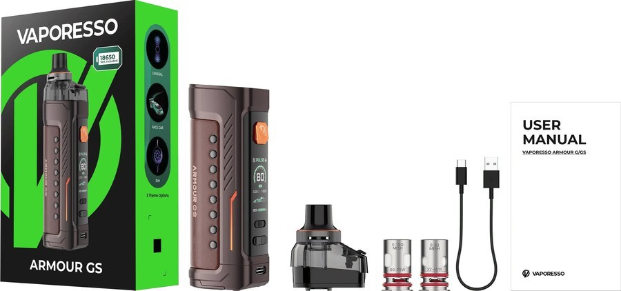 Vaporesso ARMOUR GS box contents: mod, DTL pod, GTX 0.15 and 0.3 ohm coils, USB-C cable, manual