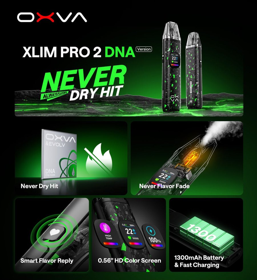 OXVA XLIM Pro 2 DNA features: anti-burn, flavour replay, 1300mAh