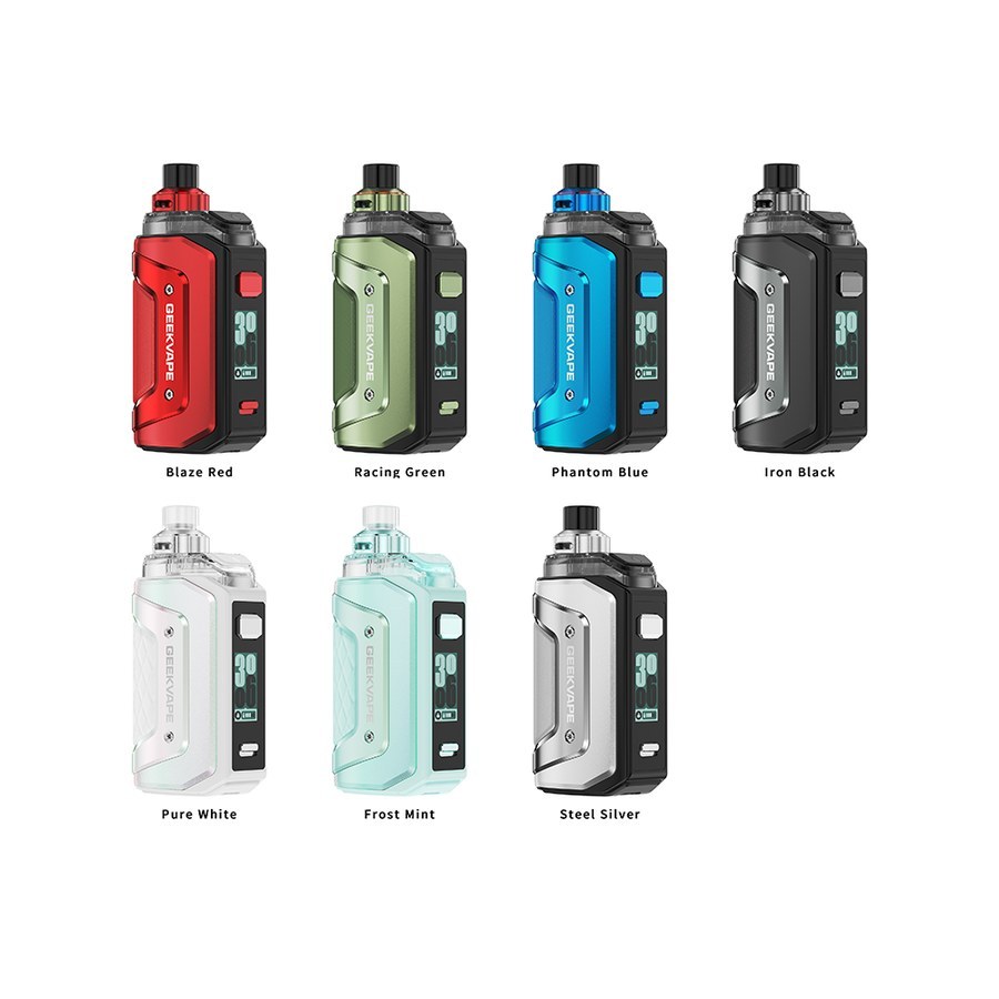 Geekvape Aegis Hero 5 colours: Blaze Red, Racing Green, Iron Black, Pure White, Frost Mint and Steel Silver