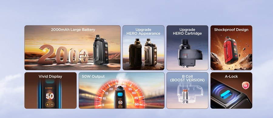 Geekvape Aegis Hero 5 features: 2000mAh battery, 50W output, B Boost coil and A-Lock