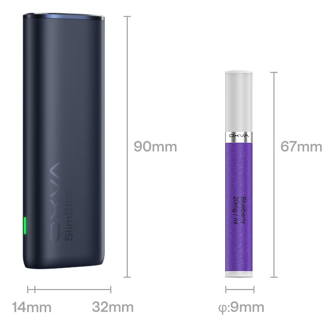OXVA SlimStick dimensions: 90mm tall, 32mm wide, 14mm thick; cartridge 67mm long
