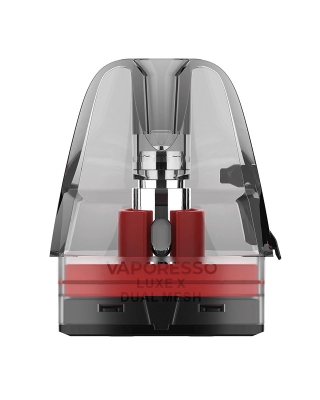 Vaporesso LUXE X Dual Mesh 0.4 ohm pod close-up showing the dual mesh core