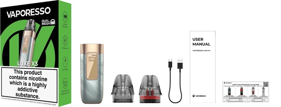 Vaporesso LUXE X3 UK box contents: device, two Dual Mesh pods, USB-C cable, manual and pod card