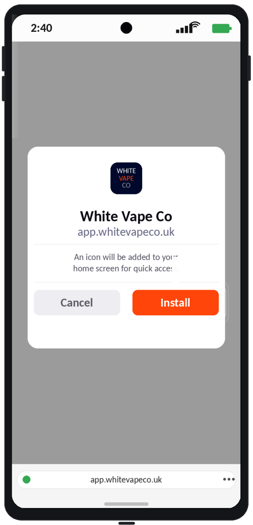 Click on install to add vape shop to home screen on android