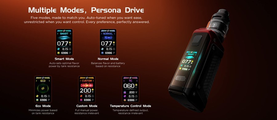 Geekvape Aegis Legend 5 modes: Smart, Normal, Eco, Custom and Temperature Control