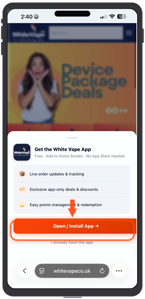 Vape Shop app on iphone, go to website and select Open/Install App