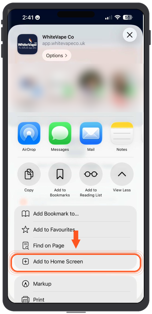 Scroll down and select add to home screen for the vape shop app