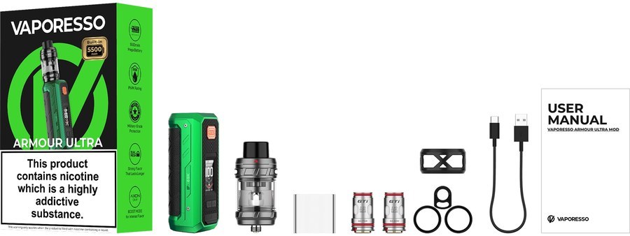 Vaporesso ARMOUR ULTRA UK box contents: mod, iTank T, two GTi coils, spare glass, tank protector, O-rings, cable