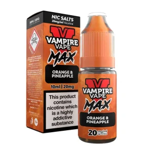 Orange & Pineapple Vampire Vape MAX Nic Salt blends zesty citrus with juicy tropical sweetness in a smooth 50/50 nic salt, perfect for pod kits and MTL devices.