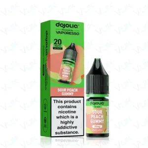 Discover Sour Peach Gummy DOJOLIQ Nic Salts by Vaporesso — a tangy peach gummy candy blend designed for pod kits. Explore the full DOJOLIQ nic salt range and flavour table at White Vape Co.