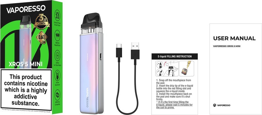 Vaporesso XROS 5 Mini UK box contents: device with 0.6 ohm pod, USB-C cable, filling card and manual