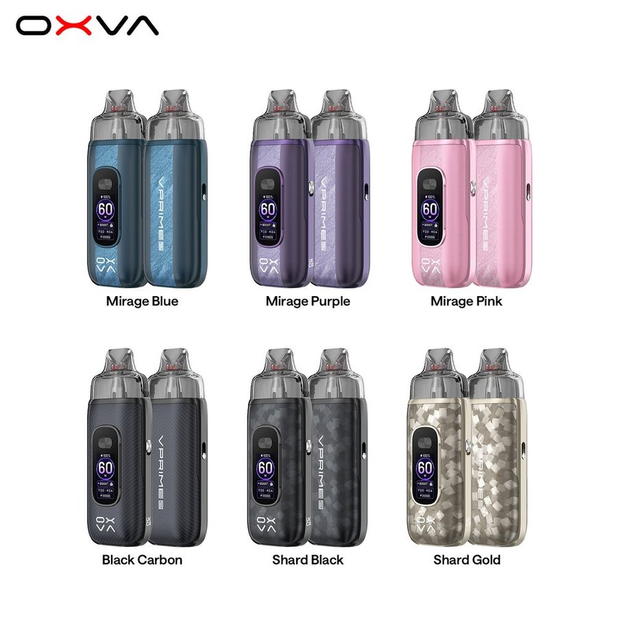 OXVA VPRIME 2 colours: Mirage Blue, Mirage Purple, Mirage Pink, Black Carbon, Shard Black and Shard Gold