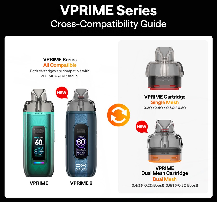 OXVA VPRIME series pod cross-compatibility guide for VPRIME and VPRIME 2